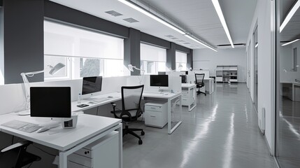 Interior of a modern office. White office with chairs and PC. Generative AI