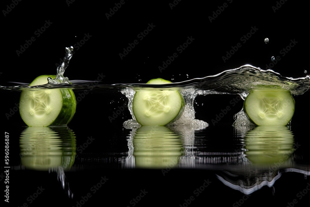 Poster fresh cucumber slices with water droplets. generative ai