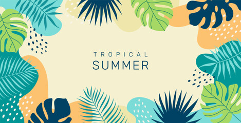 Summer abstract tropical background with palm leaves. Floral exotic hawaiian wallpaper. Modern trendy colorful design. Vector template for greeting cards, posters, banners. - obrazy, fototapety, plakaty