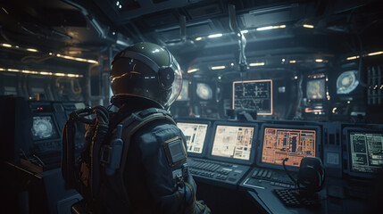 Obraz na płótnie Canvas an astronaut inside a compartment with high-tech equipment.