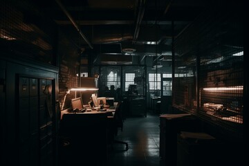 Fototapeta na wymiar One lit cell office amidst darkness. Generative AI