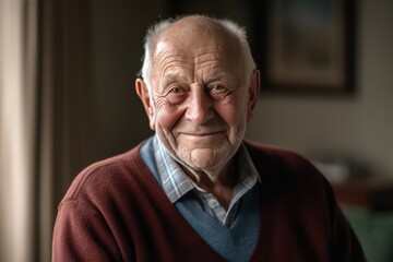 Smiling senior man posing inside a room looking at the camera. Generative AI