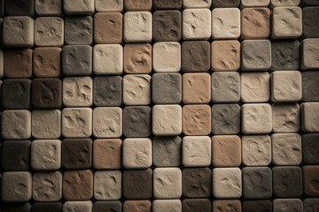 Textured stone tiles arranged in a 3D square block mosaic pattern. Generative AI