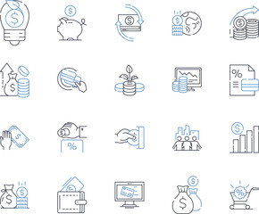 Financial office line icons collection. Investments, Stocks , Bonds , Retirement , Wealth , Budget, Taxes vector and linear illustration. Accounting ,Audit,Cash outline signs set
