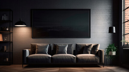 Modern loft style living room interior with a black frame for a photo poster. Generative AI