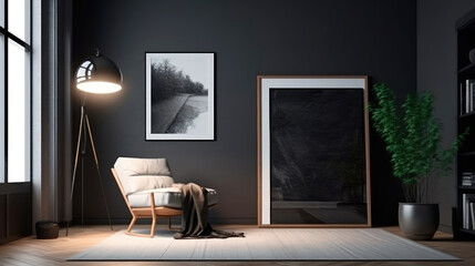 Modern loft style living room interior with a black frame for a photo poster. Generative AI