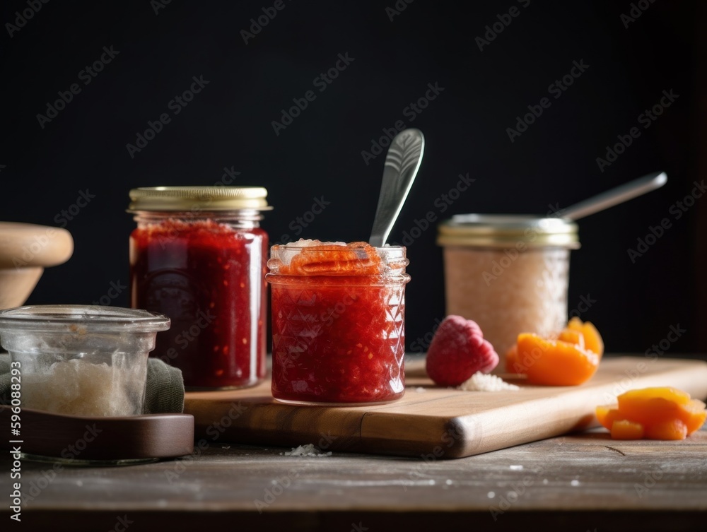 Poster a table topped with jars of jam and a spoon. ai generative image.