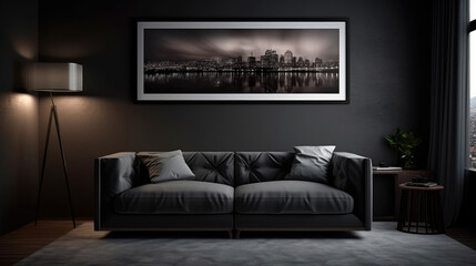 Modern loft style living room interior with a black frame for a photo poster. Generative AI