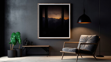 Modern loft style living room interior with a black frame for a photo poster. Generative AI