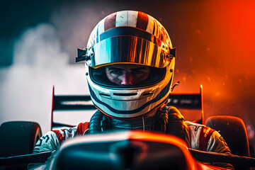 Close up view of formula racer driver, stern look. Generative AI - obrazy, fototapety, plakaty