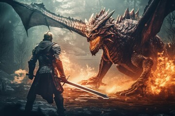 An epic battle between a knight and a dragon. AI generated, human enhanced - obrazy, fototapety, plakaty