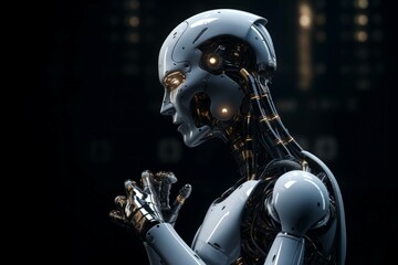 The high-tech white robot is contemplating the next step with precision. AI generated, human enhanced