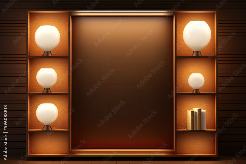 Poster cozy bookshelf with a lamp and books. generative ai