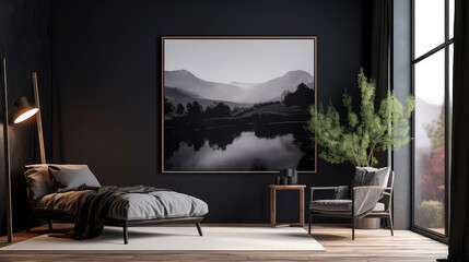 Modern loft style living room interior with a black frame for a photo poster. Generative AI
