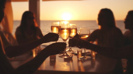 Fototapeta glasses of wine on cafe table,romantic couple sit and relax  on beach at sea on sunset  and drink  white wine blurred sea water ,ship in port,  summer resort ,holiday vacation  nevening,generated ai obraz