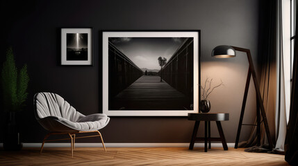 Modern loft style living room interior with a black frame for a photo poster. Generative AI