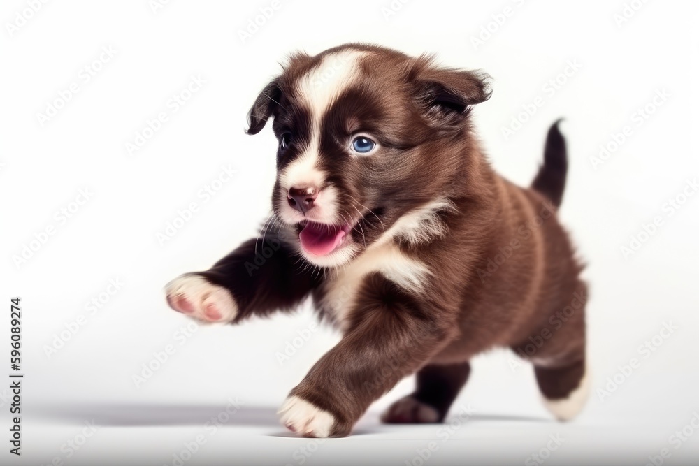 Poster an energetic brown and white puppy running towards the viewer. generative ai