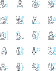 Skillful professions linear icons set. Expert, Artisan, Skilled, Masterful, Adept, Proficient, Craftsperson line vector and concept signs. Experienced,Talented,Accomplished outline illustrations