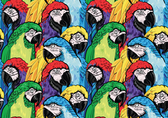 Bright and colorful seamless pattern of green, blue, yellow, and red parrots.