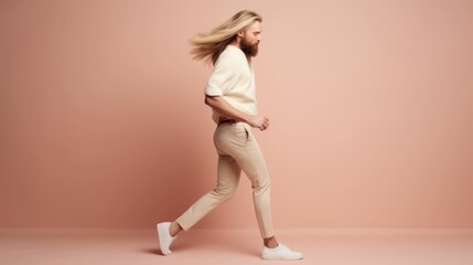 Fototapeta na wymiar Fullbody portrait of a fictional nordic bearded man with long blonde hair, walking in elegant clothes. Isolated on a plain background. Generative AI illustration.