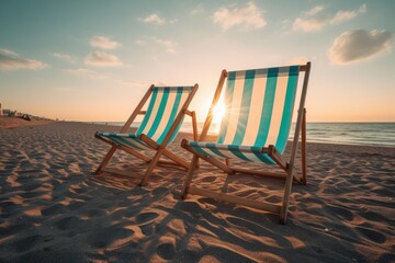 two deck chairs on the beach at sunset Generative AI