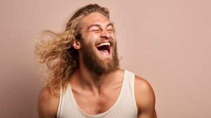 Portrait of a fictional handsome nordic man with long blonde hair and a beard laughing candidly. Isolated on a plain background. Generative AI illustration.