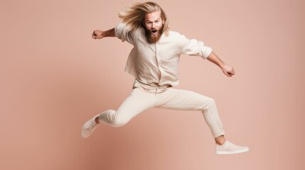 Fototapeta na wymiar Fullbody portrait of a fictional nordic man with long blonde hair and a beard jumping in the air in casual clothes. Isolated on a plain background. Generative AI illustration.