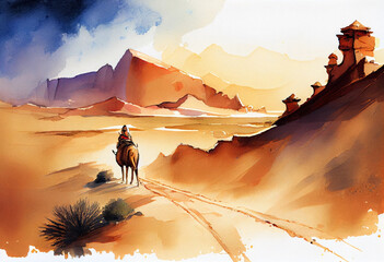 A serene desert scene with a lone camel caravan heading towards a distant mosque, depicting the vastness and solitude of the journey of faith, watercolor style Generative AI - obrazy, fototapety, plakaty