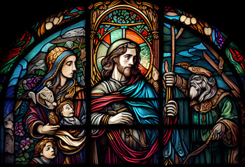 Fototapeta premium An ornate stained glass window depicting a scene from a religious story, capturing the beauty of divine narratives, watercolor style Generative AI