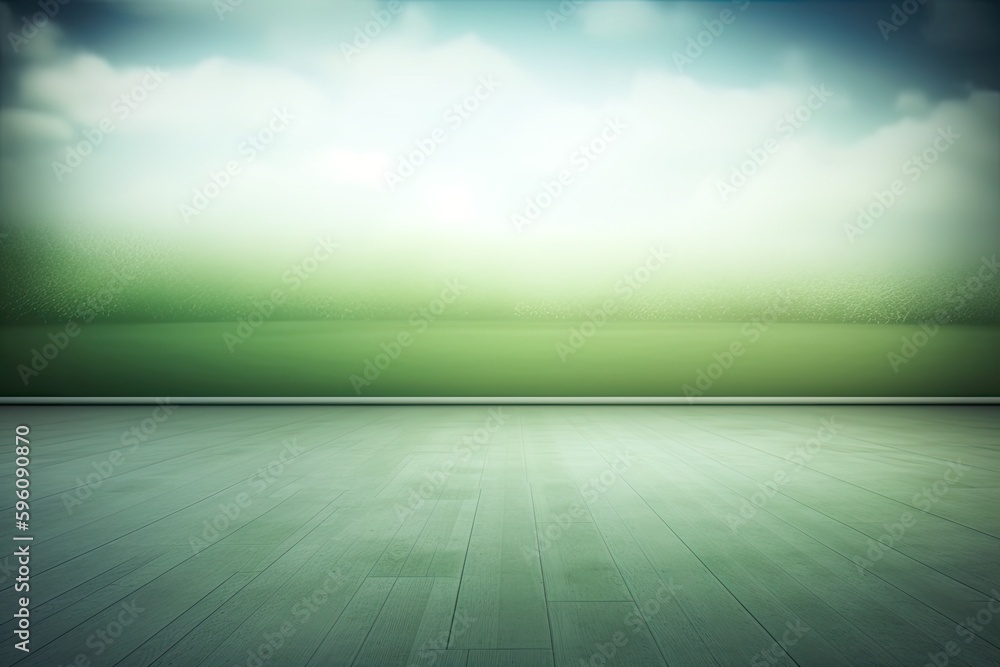 Poster an empty room with a view of a lush green field in the background. generative ai