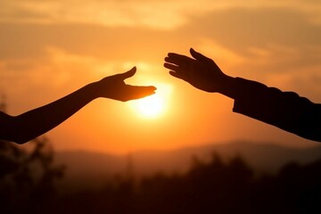 Silhouettes of helping hand, hope and support each other on sunset background. AI generative