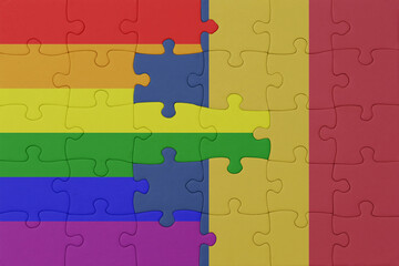 puzzle with the flag of rainbow gay pride and romania . macro.concept.