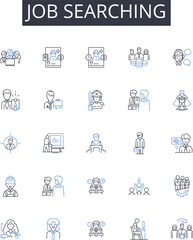 Job searching line icons collection. Career hunting, Employment seeking, Work exploring, Position finding, Occupation seeking, Vocation pursuing, Labor questing vector and linear illustration