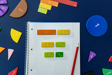 Math fractions on blue background. Interesting math for kids. Education, back to school concept....