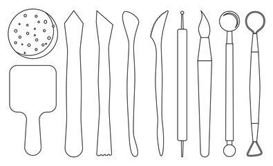 Set of modern pottery tools. Collection of wooden tools for clay sculpture making line art, outline. Art studio equipment. Craft hobby elements. Vector illustration in flat style isolated background