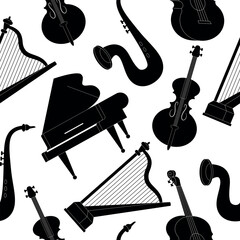 Seamless pattern with musical instruments silhouette isolated on white background. Set of piano, guitar, cello, harp, saxophone. Strings, brass, winds. Vector illustration in flat modern cartoon style