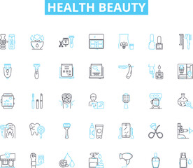 Health beauty linear icons set. Radiant, Nourished, Refreshed, Youthful, Clear, Glowing, T line vector and concept signs. Resilient,Fortified,Vibrant outline illustrations