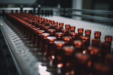 Fototapeta na wymiar Automatic production line fills glass bottles with cognac. Generative AI