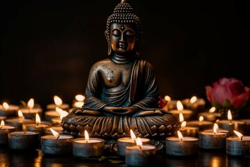 Fototapeta premium Buddha statue in meditation with lotus flower and burning candles. Meditation, spiritual health, peace, searching zen concept. AI generative