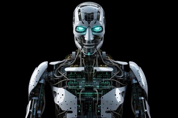 futuristic robot with glowing green eyes on a dark black background. Generative AI
