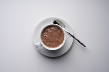top view hot chocolate in cup. White background