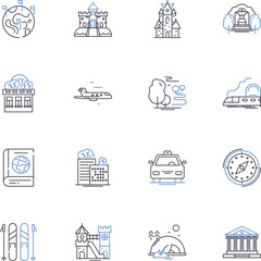 Worldwide wandering line icons collection. Adventure, Exploration, Wanderlust, Travel, Expedition, Discovery, Nomadism vector and linear illustration. Roaming,Odyssey,Sojourn outline signs set