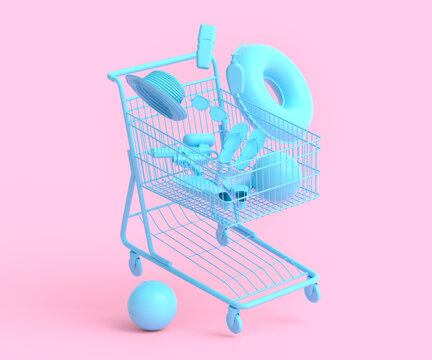 Colorful beach accessories and shopping trolley on monochrome background.