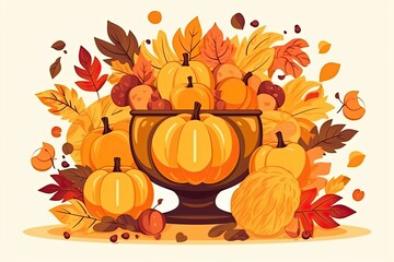 Naklejka na ściany i meble decorative fall vase filled with pumpkins and autumn leaves. Generative AI