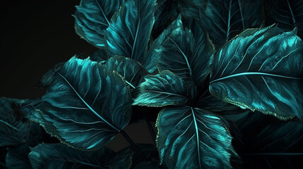 Tropical leaves on a black background. Close-up.generative ai