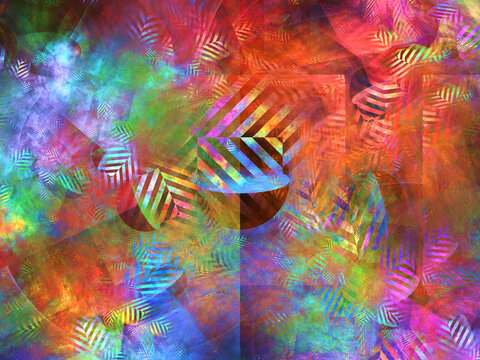 Composici&oacute;n de arte fant&aacute;stico digital consistente en rayas recortadas paralelas coloridas en un situaci&oacute;n ca&oacute;tica que forma un especie de jungla marciana de &aacute;rboles extravagantes.