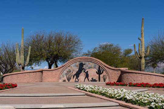 Apache Junction, AZ - March 13, 2023: Apache Junction Downtown Marker is at the intersection of N Apache Trail and W Apache Trail.