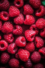 Fresh raspberries seamless background, adorned with glistening droplets of water. Top down view. Generative AI