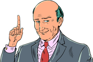 Follow the plan and then there will be success. Up the career ladder. Give advice. The businessman points up. Pop Art Retro