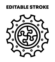 Single mechanical gear with puzzle circle. Editable stroke outline vector isolated on white background.